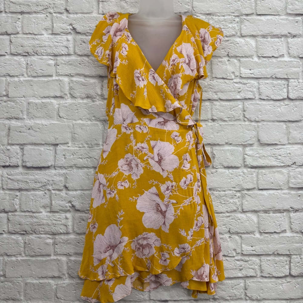 Free People French Quarter Wrap Mini Dress Yellow Pink Floral Size Large - Picture 2 of 15